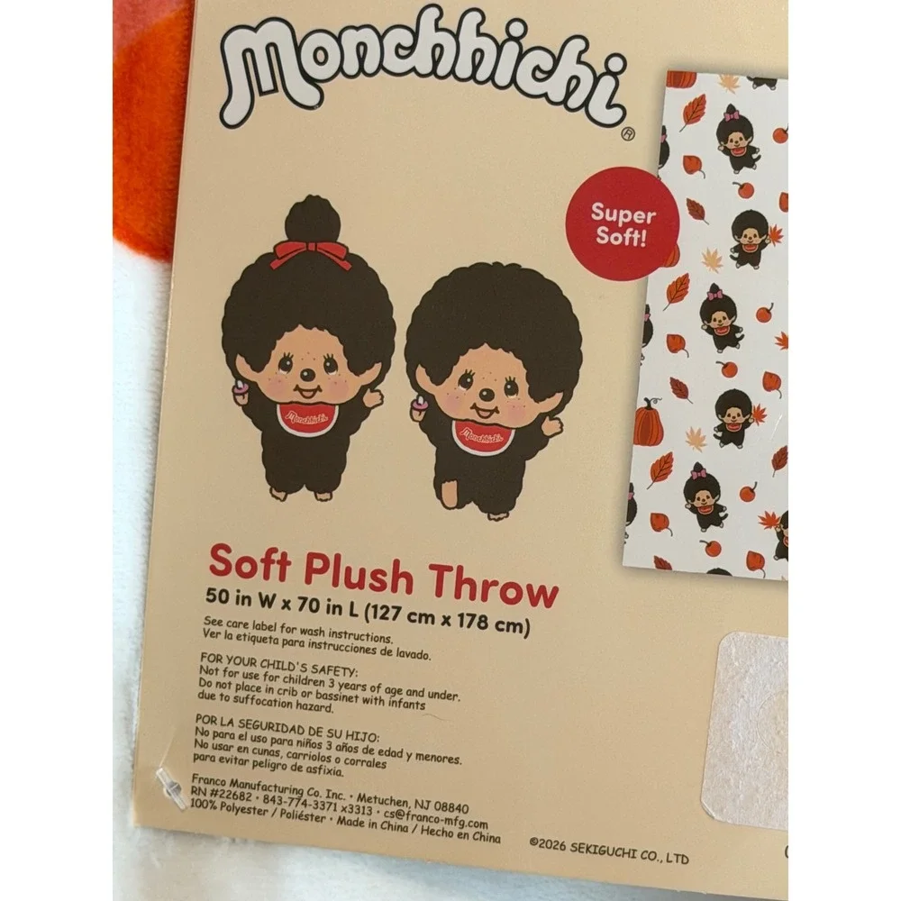 Monchhichi Soft Plush Throw Blanket Autumn Fall Leaves Pumpkins 50x70 New